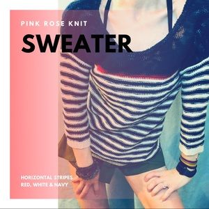 Pink Rose Knit Sweater, Horizontal Stripe